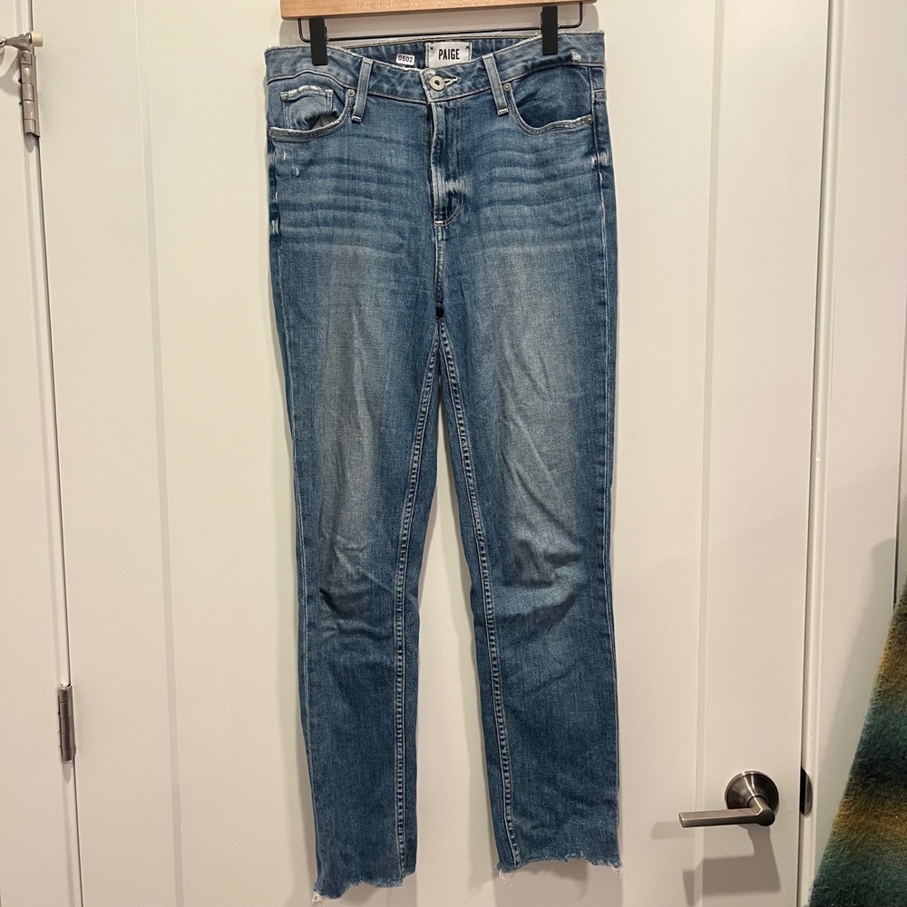 Paige High Rise Slim Straight Raw Hem Blue Denim Jeans Size 28